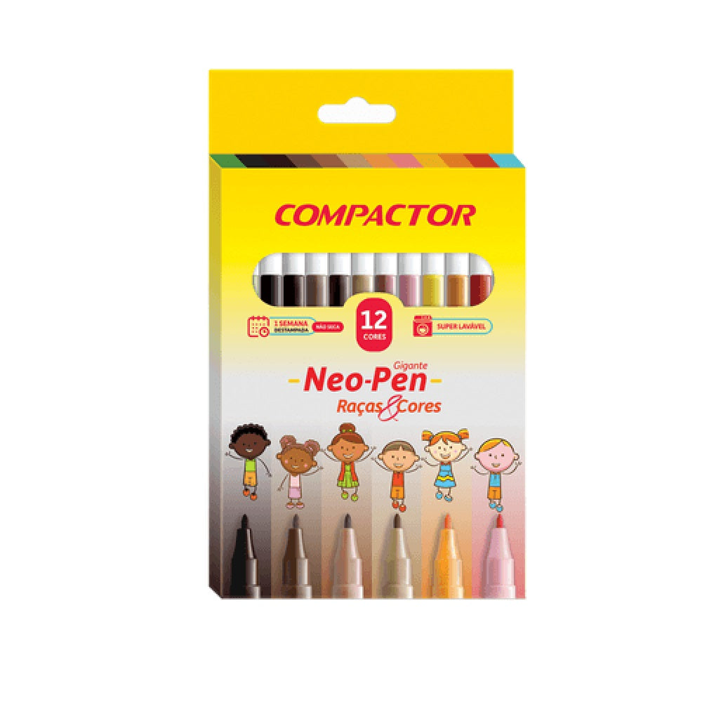 Canetinhas Hidrográficas 12 cores - Raças & Cores - Compactor